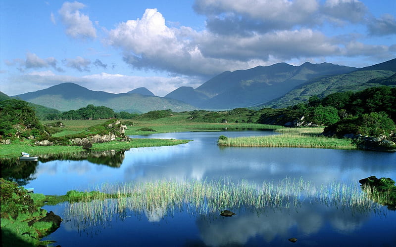 Beautiful Glen, hills, water, mountains, nature, white, blue, weather, HD wallpaper