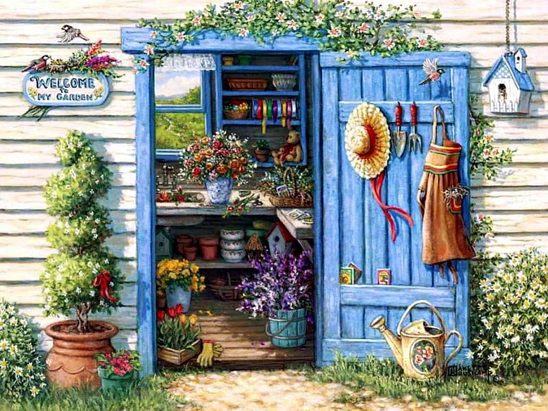 Welcome to my Garden, watering can, house, utensils, plant, Door, HD wallpaper