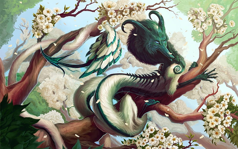 Dragon, art, wings, spring, branch, tree, fantasy, flower, white, HD wallpaper