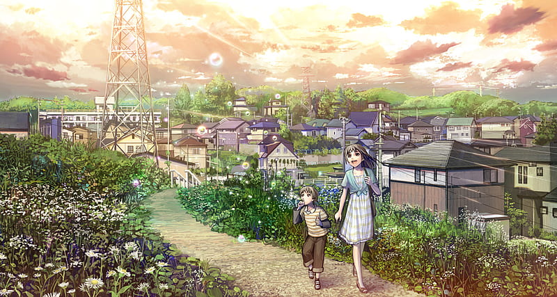 Take a walk, house, scenic, children, kid, city, anime, village, anime  girl, HD wallpaper | Peakpx