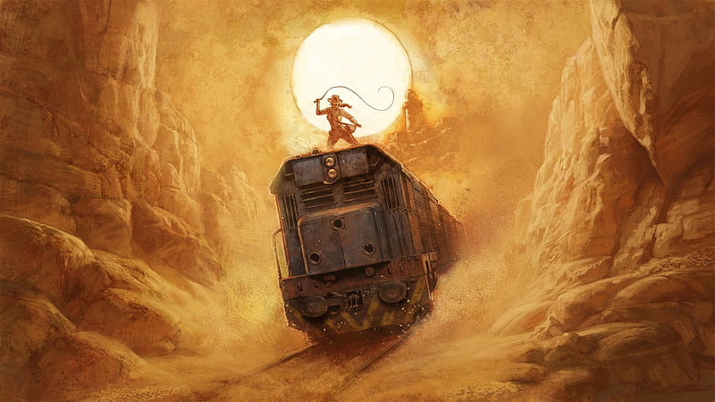cowboy, train, sun, whip, artwork, desert, Fantasy, HD wallpaper