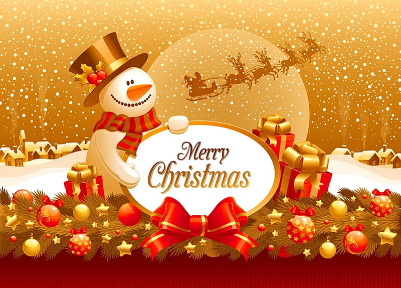 Merry Christmas, bonito, magic, santa claus, nice, village, season, deers, lovely, holiday, christmas, ribbon, decoration, town, sky, smiling, mood, cute, balls, snow, snowflakes, gifts, smowman, HD wallpaper