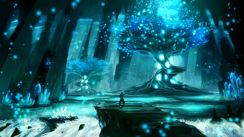 The Paradise Under Ground, crystals, tree, glowing, underground, cave, HD wallpaper