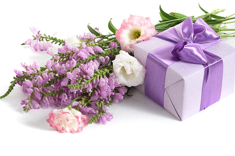 for you..., ribbon, box, bonito, gift, elegant, graphy, nice, cool, purple, bouquet, gentle, flower, flowers, HD wallpaper