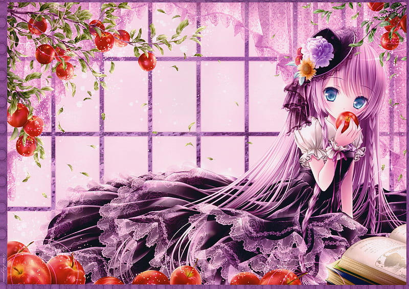:), red, fruit, dress, girl, anime, manga, pink, tinkle, apple, HD wallpaper