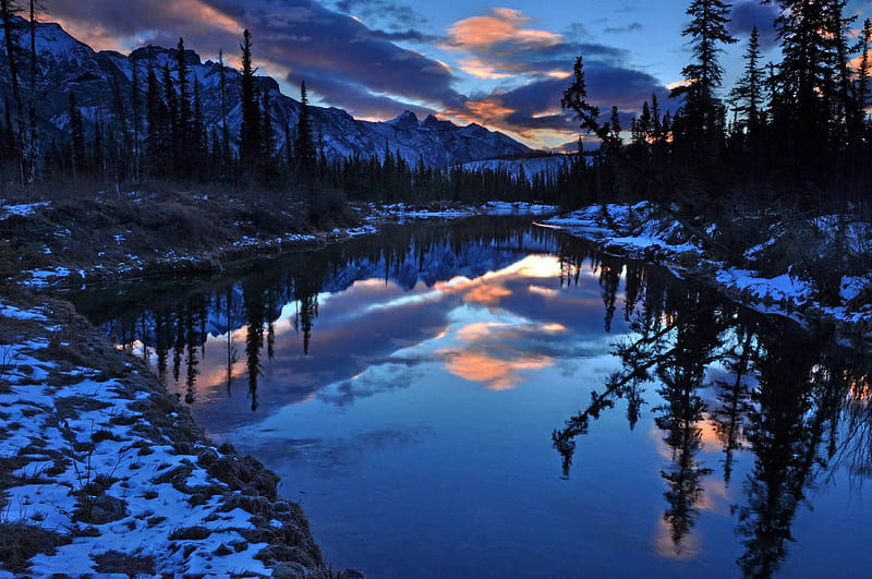 Jasper National Park, Alberta, snow, reflection, lake, winter, landscape, HD wallpaper