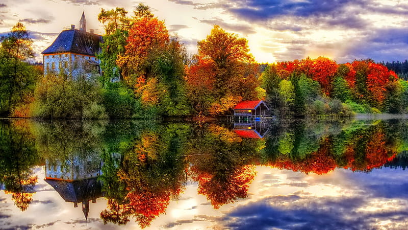 Reflexiones de otoño, edificio, agua, cobertizo para botes, colores,  árboles, Fondo de pantalla HD | Peakpx