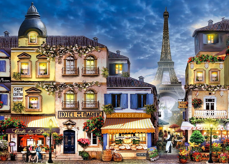 Parisienne Street Scene, cafe, french, paris, france, tower, shops, flowers, eiffel, street, HD wallpaper