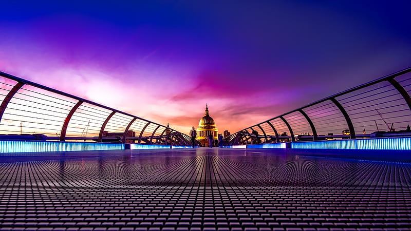 millennium bridge, united kingdom, london, modern architecture, purple sky, City, HD wallpaper