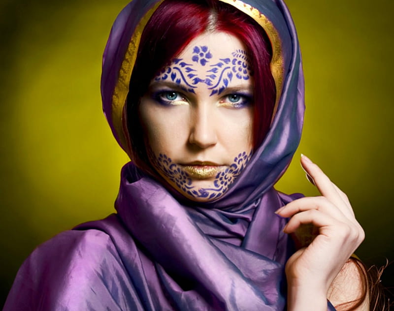 Artistic woman, artistic, purple, model, tattoo, face, woman, HD wallpaper