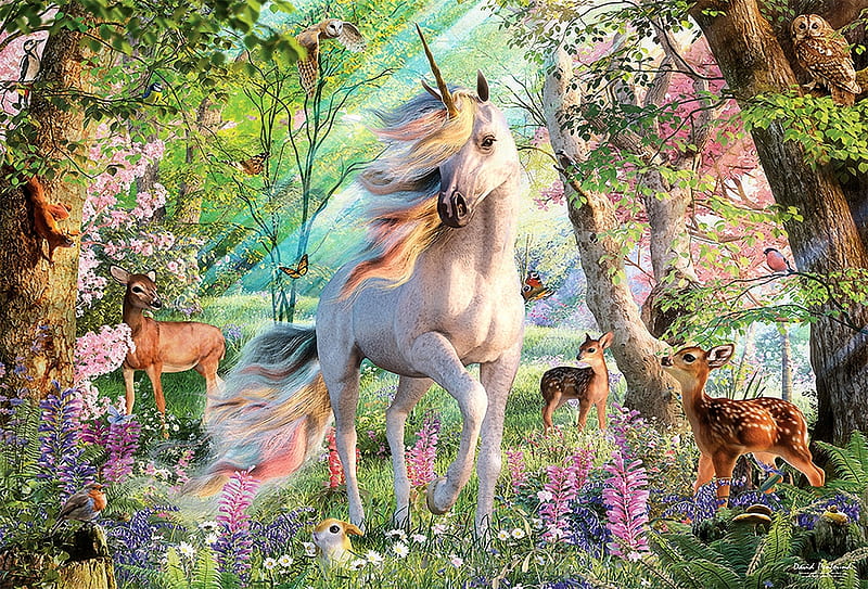 Unicorn and friends, art, flowers, birds, butterflies, horse, owls, trees, deer, digital, HD wallpaper