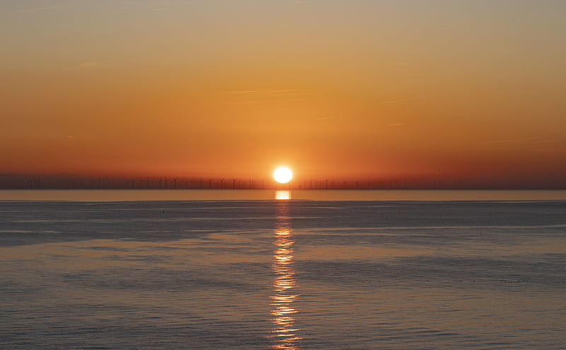 sunset, sea, sun, reflection, dusk, HD wallpaper
