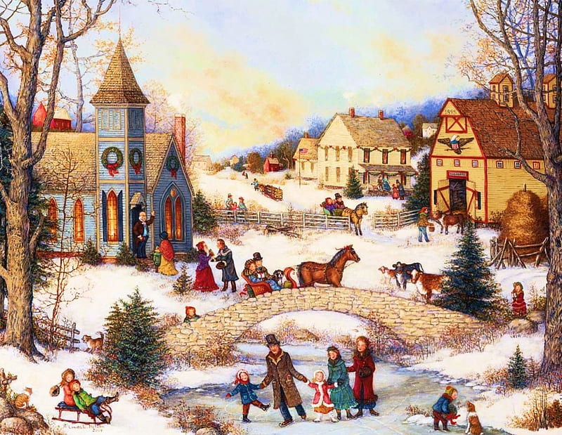 Victorian Christmas, snow, bridge, people, cart, village, church, horse, HD wallpaper