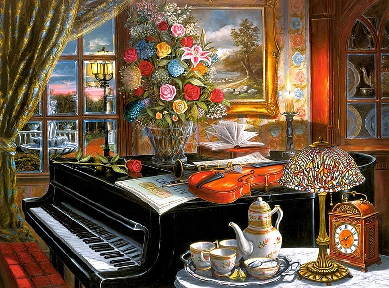 Music Room, afternoon, class, panio, high, flowers, puzzle, tea, HD wallpaper