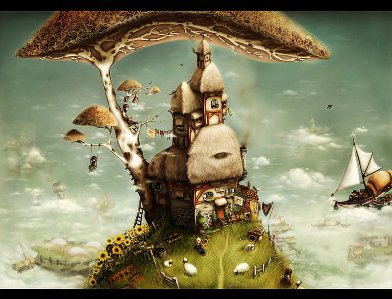 SECRET WORLD, pretty house, sheep grazing, mushroom tree, floating ships, green grass, high up, HD wallpaper