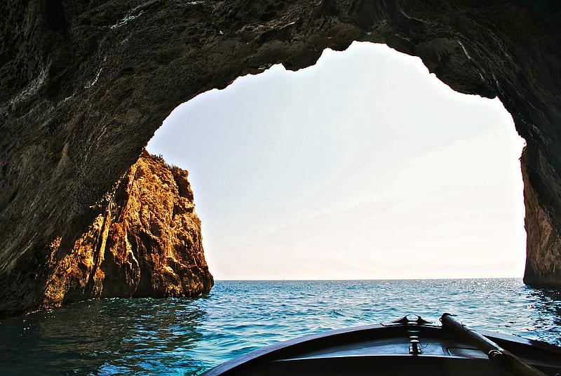 boat inside of water cave, HD wallpaper