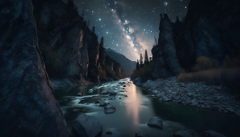Milky way over a mountain river, Rock, Midway, Nature, Canyon, Mountain, HD wallpaper