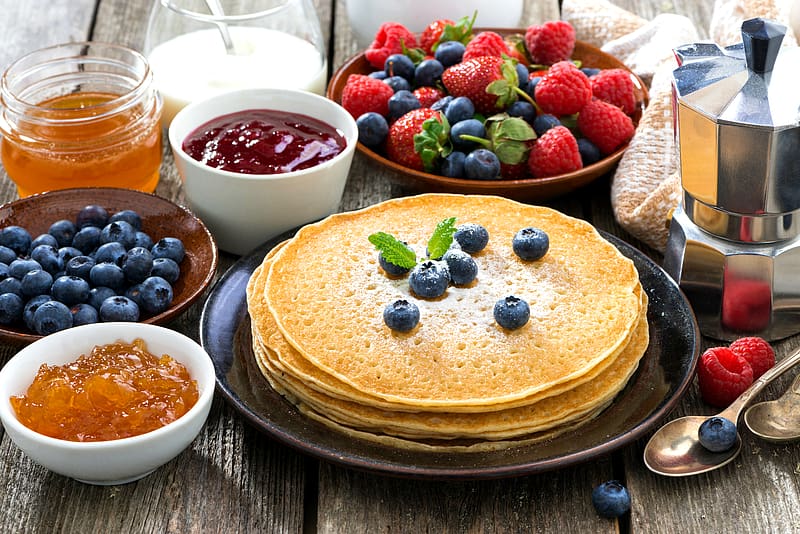 Food, Strawberry, Blueberry, Raspberry, Berry, Jam, Breakfast, Pancake, Crêpe, HD wallpaper