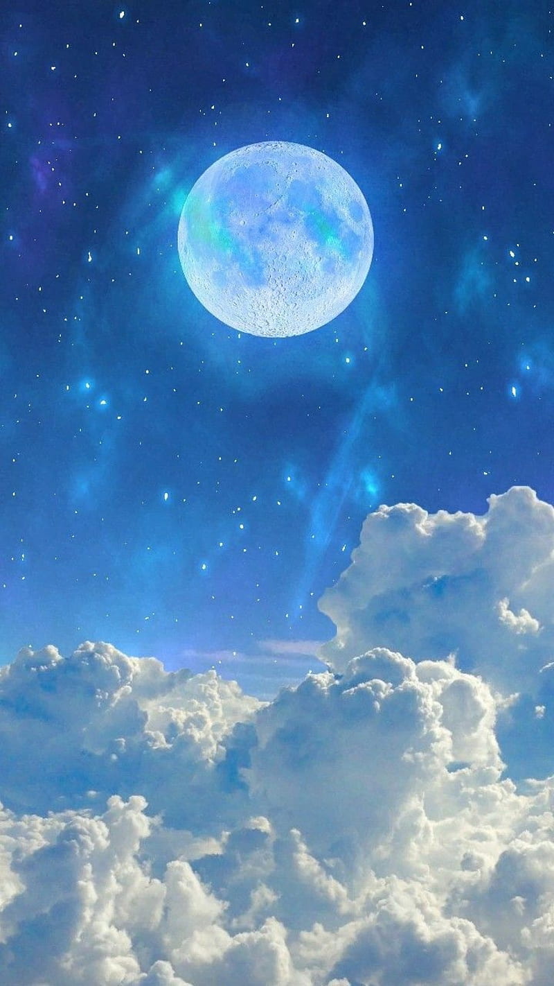 Full moon, blue, clouds, fantasy, galaxy, night, sky, space, stars, universe, HD phone wallpaper