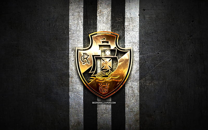 Vasco da Gama FC, golden logo, Serie A, black metal background, football, CR Vasco da Gama, brazilian football club, Vasco da Gama FC logo, soccer, Brazil, HD wallpaper
