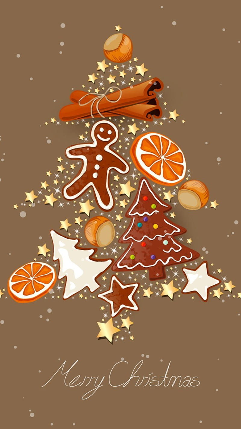 merry christmas, christmas, gingerbread man, glitter, merry, orange slices, sparkle, stars, tree, HD phone wallpaper
