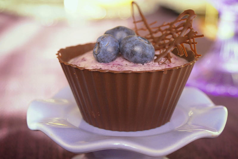 Blueberry mousse in a chocolate cup, mousse, yummy, foods, entertainment, HD wallpaper