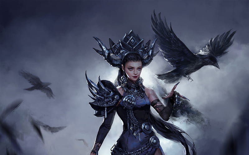Raven Queen by Gayeon Kim, bird, queen, black, crow, art, raven, wings, gayeon kim, fantasy, girl, dark, HD wallpaper