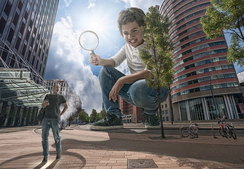 Ouch!, adrian sommeling, giant, creative, situation, building, boy, city, copil, child, funny, street, HD wallpaper