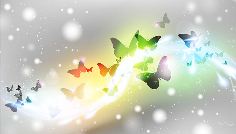 Streaming Butterflies, colorful, glow, gray, wind, breeze, butterflies, silver, vector, HD wallpaper