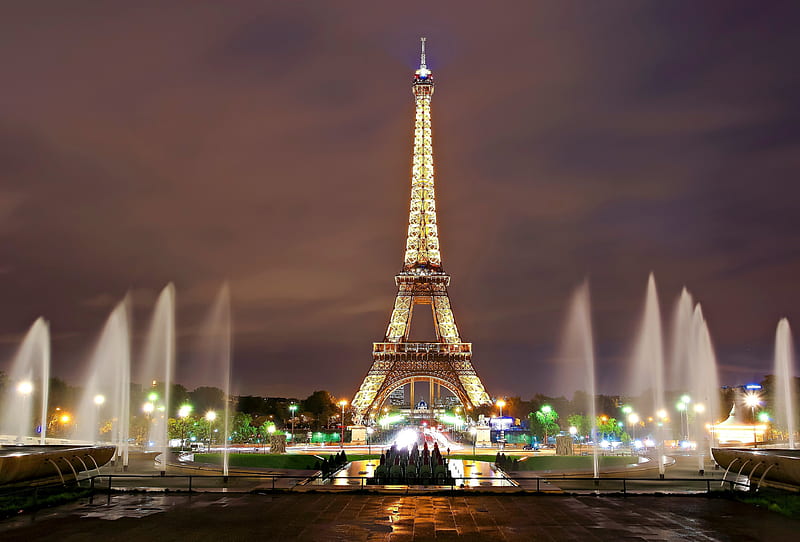 eiffel tower, city, lights, fountains, paris, night, HD wallpaper