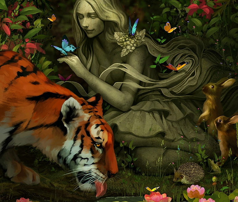 Ea, tsvetka, art, luminos, orange, tiger, fantasy, water, butterfly, girl, stone, dark, blue, HD wallpaper