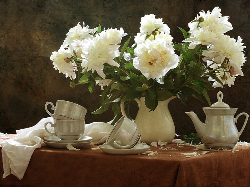 Coffee Time, table, still life, flowers, cup, jag, HD wallpaper | Peakpx