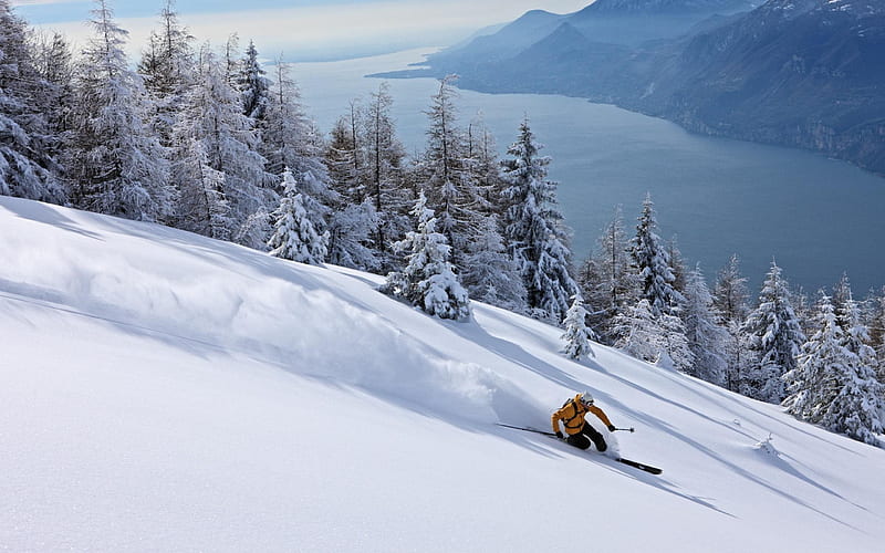 downhill skiing, skiing, mountain, snow, winter, HD wallpaper