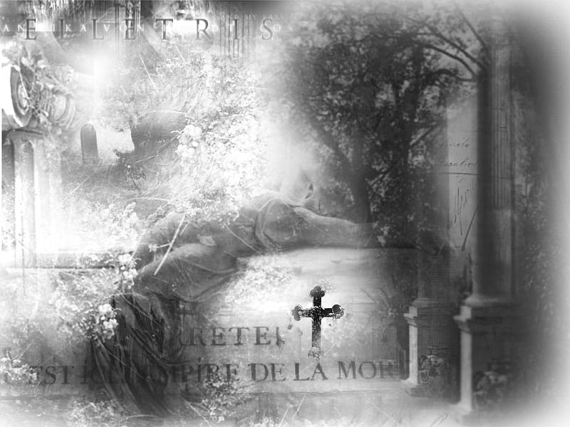 Gothic dreams, girl, cross, cemetry, black and white, collage, abstract, HD wallpaper