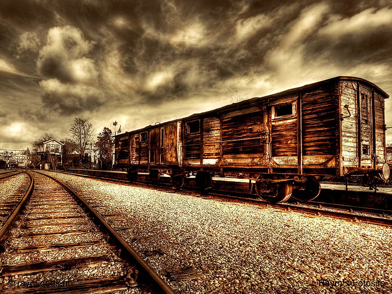 GOLDEN DAYS TRAIN, track, antique, train, planks, clouds, wooden, HD wallpaper