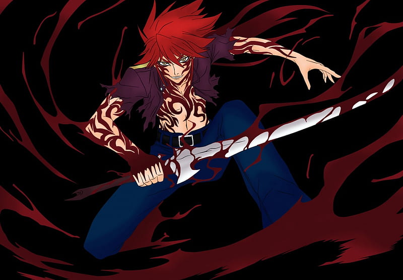 anime boy with red hair and blue eyes holding a sword. generative