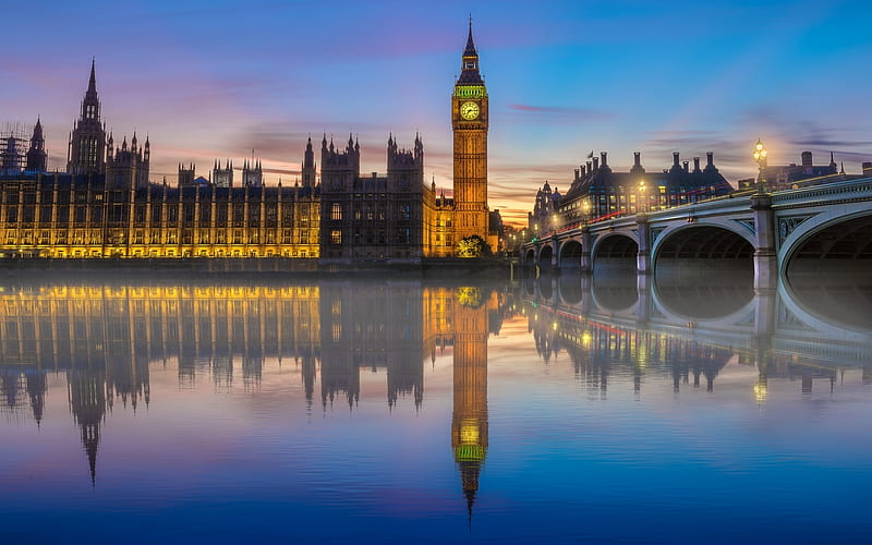 London at Evening, Big Ben, Parliament, London, bridge, Thames, reflection, HD wallpaper