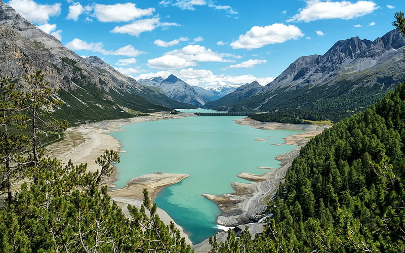 mountain lake, spring, glacial lake, forest, glacier, Canada, HD wallpaper