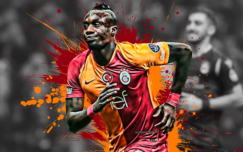 Mbaye Diagne Senegalese football player, Galatasaray, Striker, red-orange paint splashes, creative art, Turkey, football, grunge, HD wallpaper