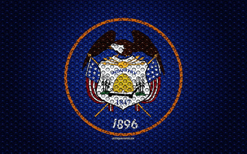 Flag of Utah American state, creative art, metal mesh texture, Utah flag, national symbol, Utah, USA, flags of American states, HD wallpaper