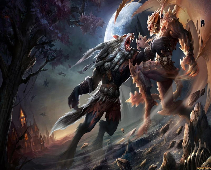 Werewolf VS Demon, Fight, Town, Mon, Demon, Werewolf, HD wallpaper