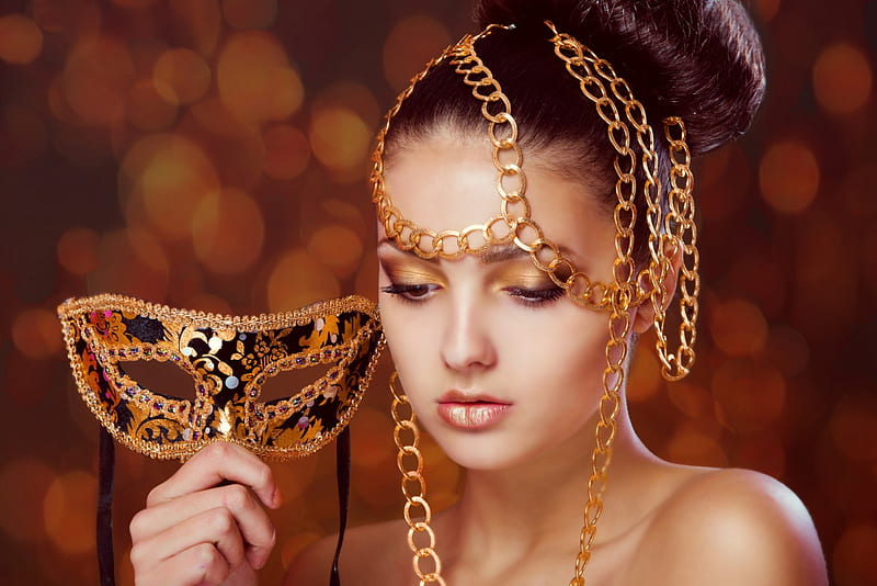 Masquerade Mask, gold, makeup, beauty, chains, mask, women, HD wallpaper