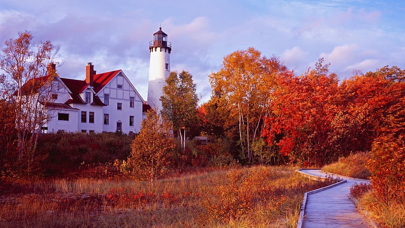 Autumn Lighthouse, fall, autumn, maple, Michigan, trees, sky, lighthouse, walk, Point Iroquois, HD wallpaper