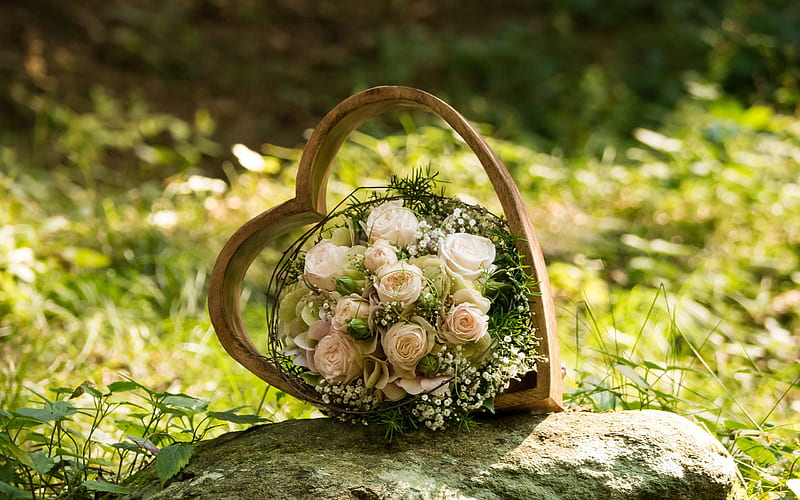 wedding bouquet, wooden heart, rose bouquet, white roses, wedding, beautiful flowers, wedding flowers, HD wallpaper