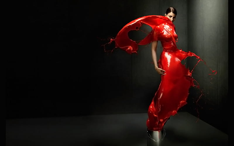 Fluent Red Dress, red, dress, black, bonito, abstract, woman, fantasy, 3d, girl, lady, HD wallpaper