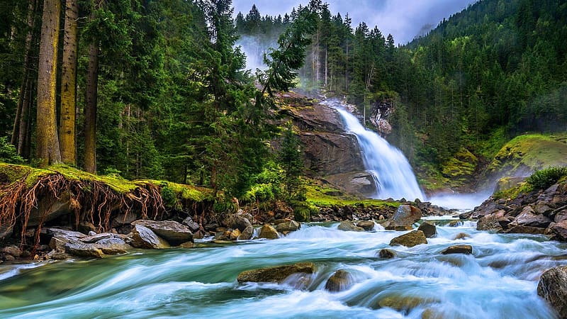 Krimml Waterfalls In Salzburg National Park Hohe Tauern, Austria, stones, river, clouds, cascades, trees, sky, HD wallpaper