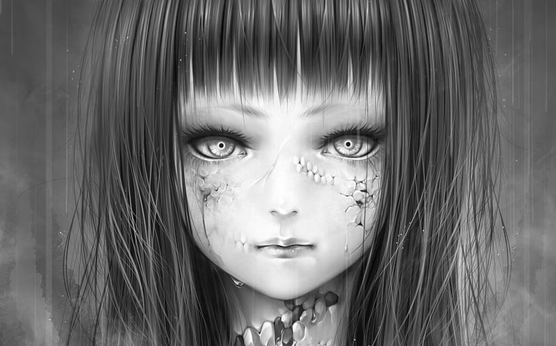 Scars, bouno satoshi, art, manga, black, girl, bw, anime, face, white, injured, HD wallpaper