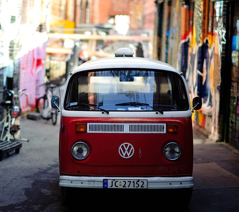 Volkswagen Van, red, town, van, volkswagen, HD wallpaper