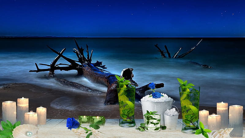 ~* ☾ *~A cool summer evening by the sea~* ☾ *~, sea, cold, beach, sand, seaside, evening, blue, night, stars, horizon, romantic, time, drinks, hq, roses, candles, cool, ice, summer, mojito, HD wallpaper