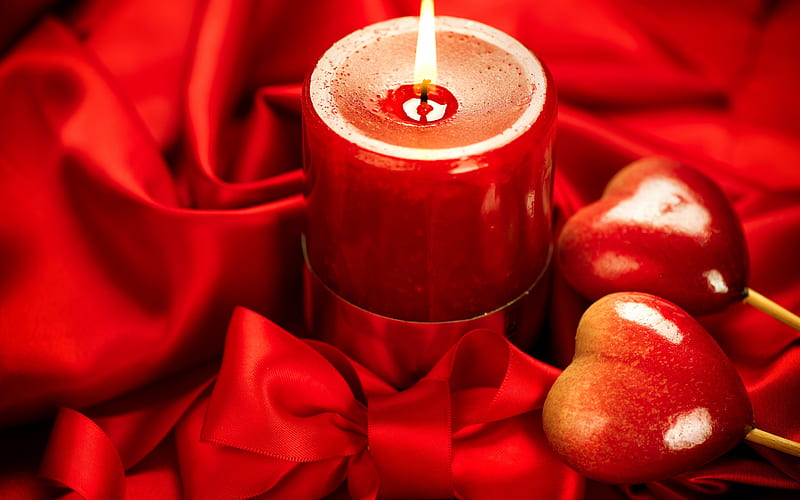 valentines day, red burning candle, red hearts, romantic evening, HD wallpaper